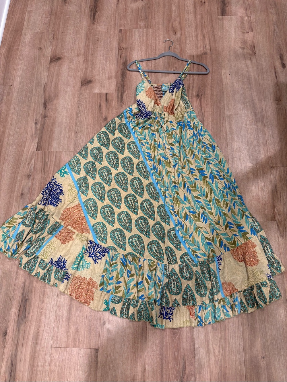 Boho fashion Floral Patchwork Maxi Dress - Green, blue, gold